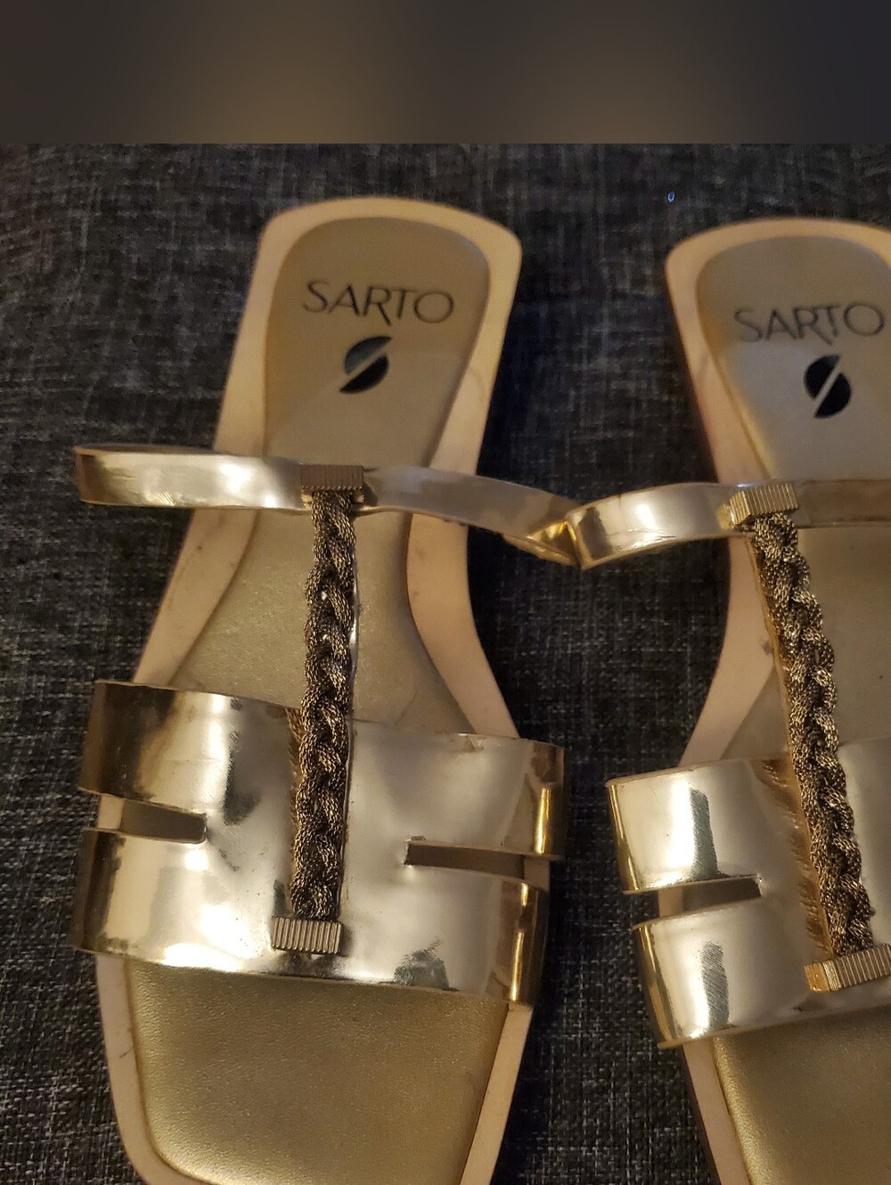 Gold Metallic Braided T-Strap Sandals - Women